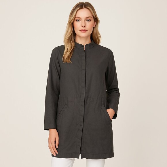 Eileen Fisher Gray Linen Blend Long Top Jacket Duster Mandarin Collar L Large - Picture 8 of 8